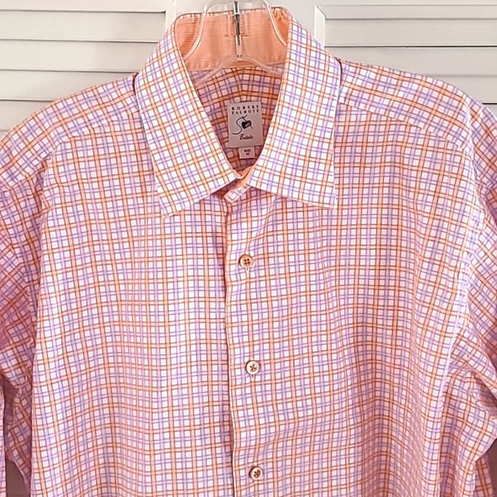 Robert Talbott Estate Btn Down Shirt  Sz 16 1/2 42. Peach/Lavender/White Plaid